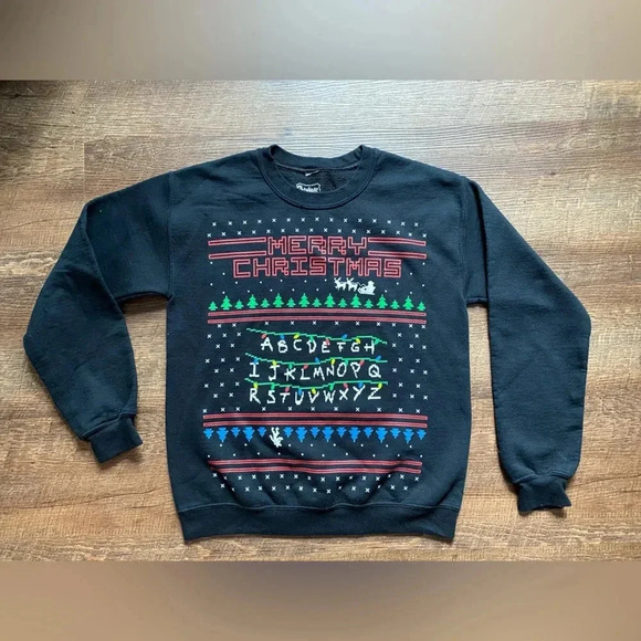 SPENCER’S Stranger Things Christmas sweatshirt The Upside Down sz S holiday EUC - Picture 1 of 8